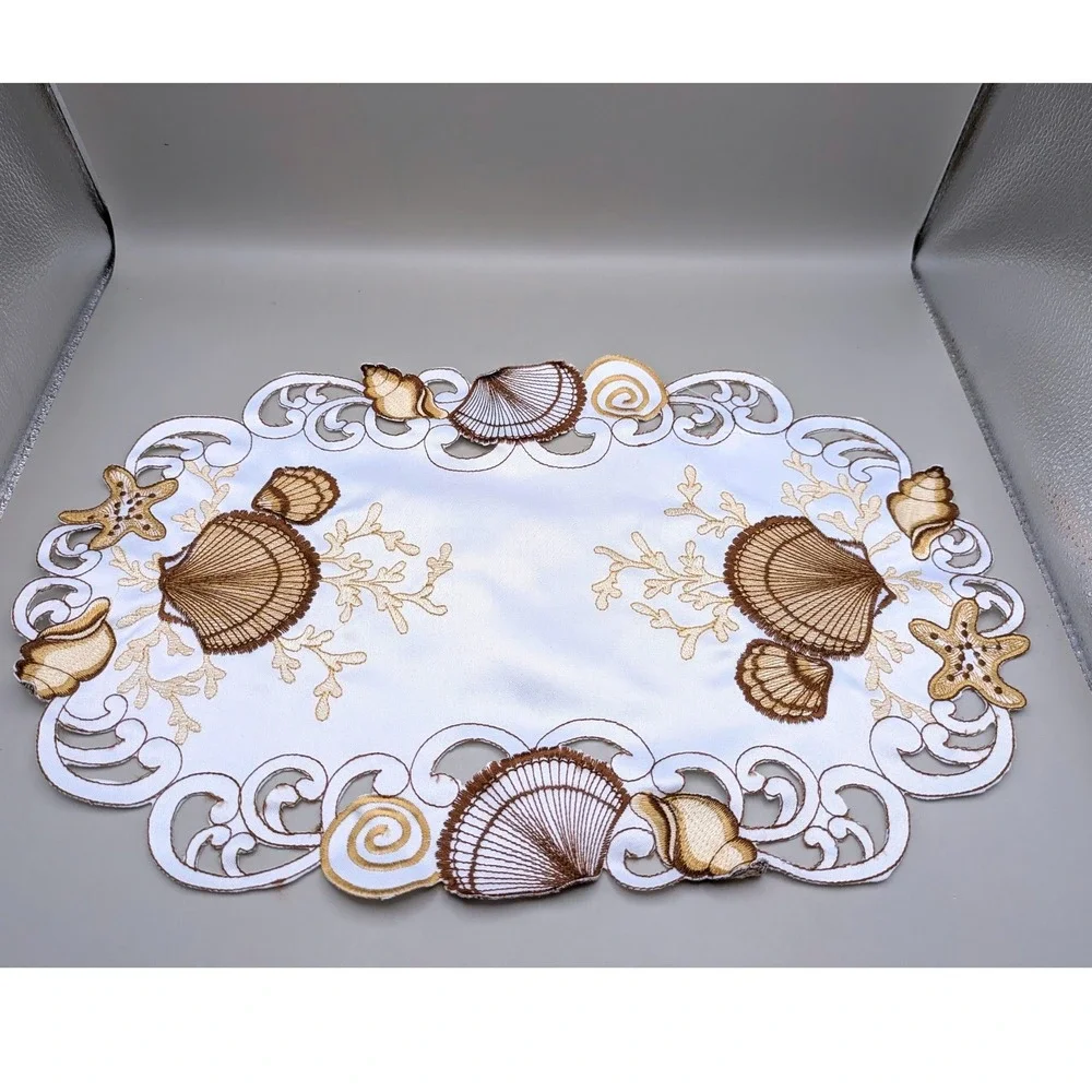 Embroidered Seashell Beach Themed White Gold Keyhole Placemats - Set of 4